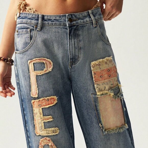 Medium Wash Casual Women's Distressed Letter Patch Loose Fit Denim Jeans - Picture 2 of 7